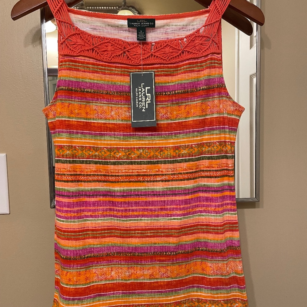 NWT Ralph Lauren summer top with macramé trim. Size S